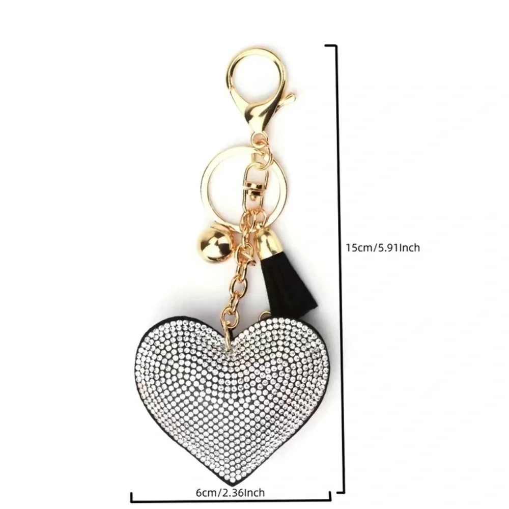 Heart Rhinestones Keychain Black Faux Suede Bag Gold Tone Hardware Valentines